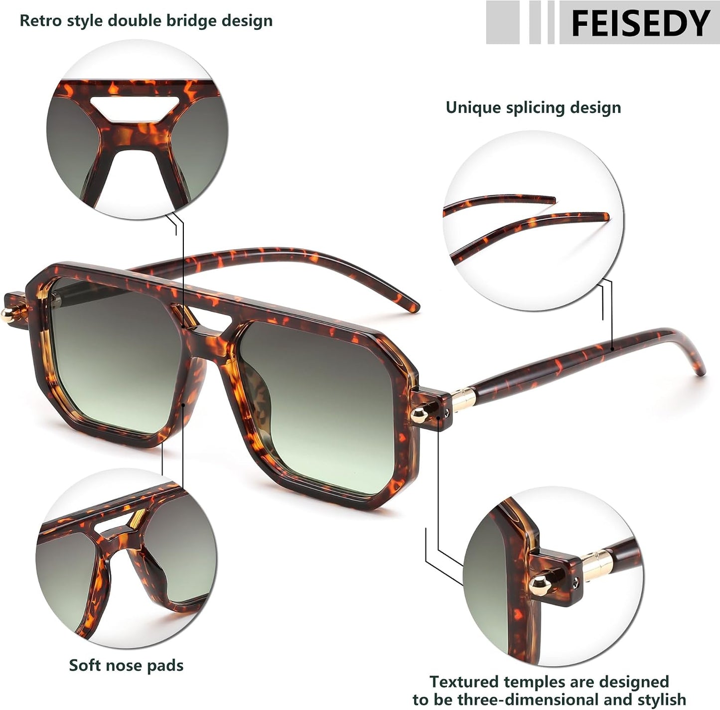 商品图片 136 | B09YTJ4FQZ | FEISEDY Vintage Square 70s Flat Aviator Sunglasses Women Men Classic Retro Stylish Frame UV400 Sunglasses B2622