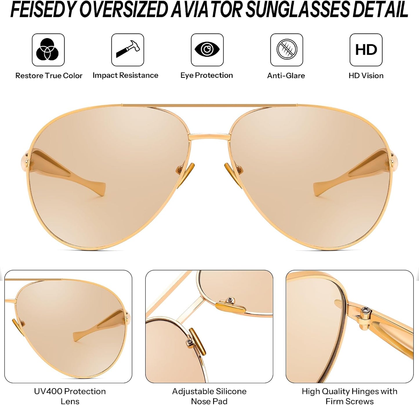 商品图片 6 | B0FKML2SSC | FEISEDY Oversized Aviator Sunglasses Women Men - Retro Gold Metal Chunky Frame, UV400 for Driving & Daily Wear B0311