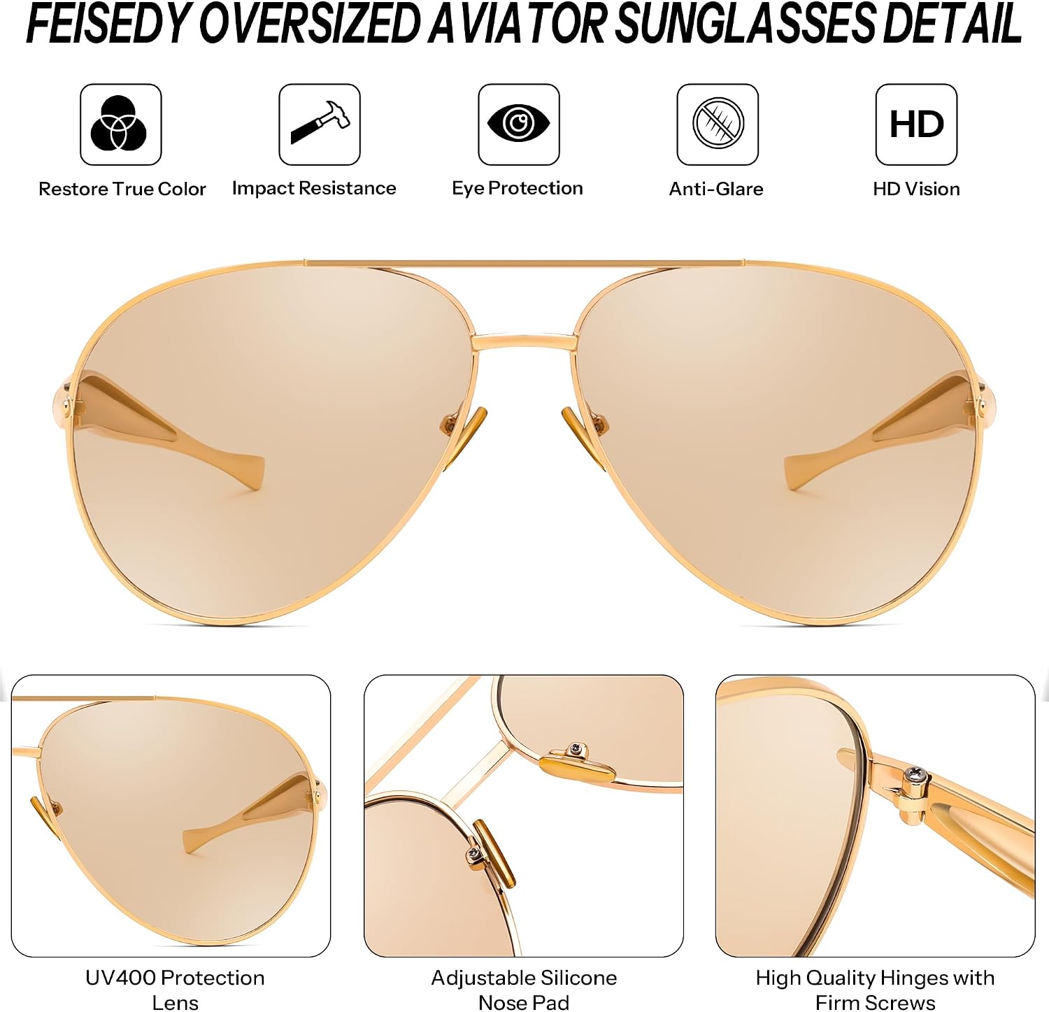 商品图片 6 | B0FKML2SSC | FEISEDY Oversized Aviator Sunglasses Women Men - Retro Gold Metal Chunky Frame, UV400 for Driving & Daily Wear B0311