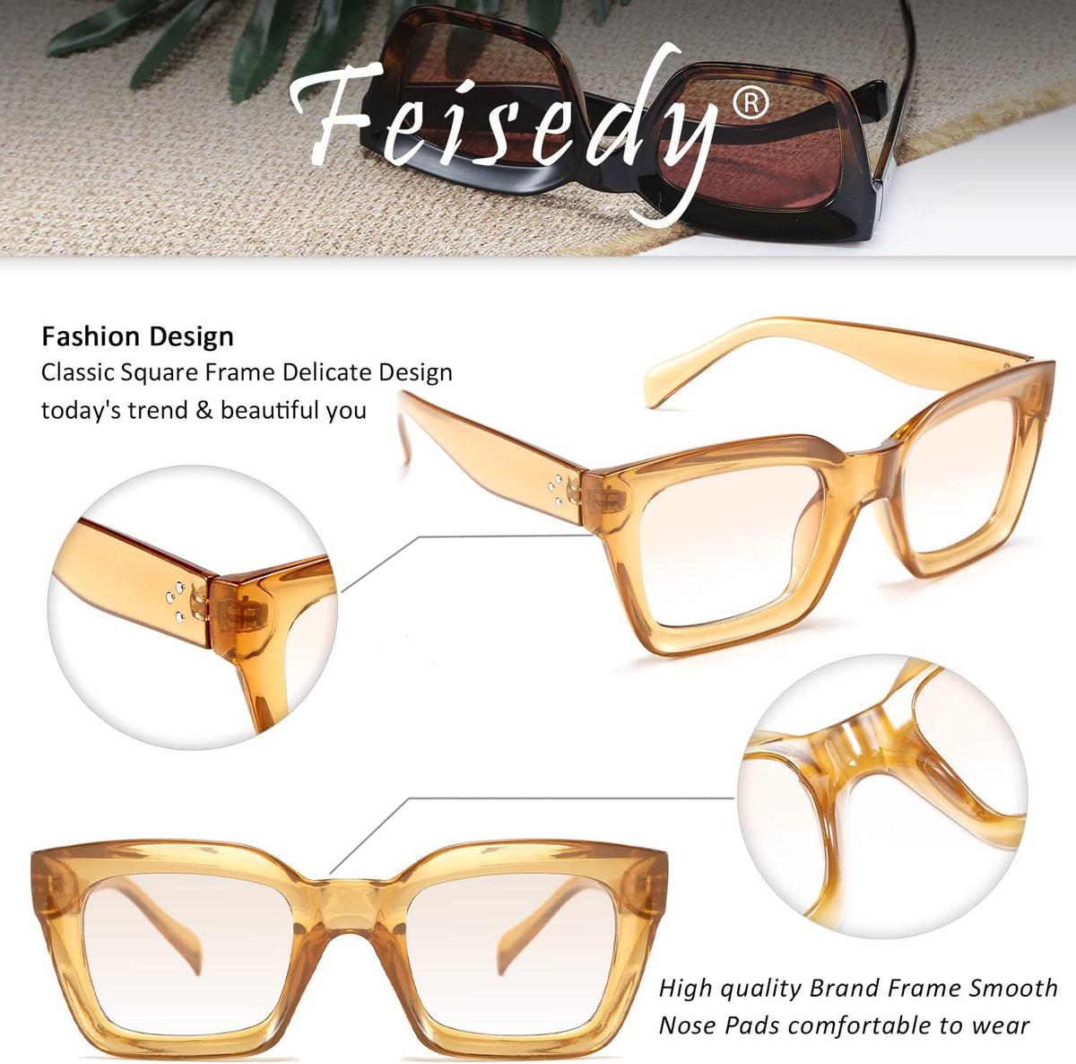 ÉÌƷͼƬ 77 | B07MNGNLNT | FEISEDY Classic Women Sunglasses Fashion Thick Square Sun Glasses B2471