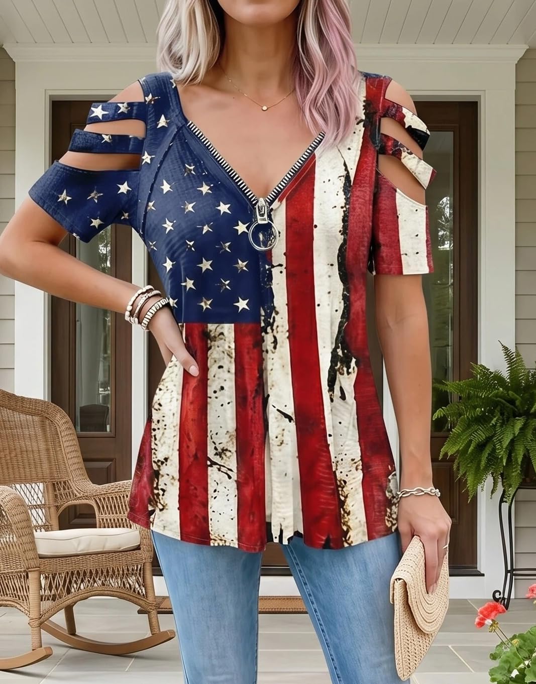 商品图片 2 | B0H4KLX1VM | Plus Size Women's 4th of July Cold Shoulder Tunic Tops, American Flag V Neck Zipper Short Sleeve Casual Summer Shirt，XL-5XL
