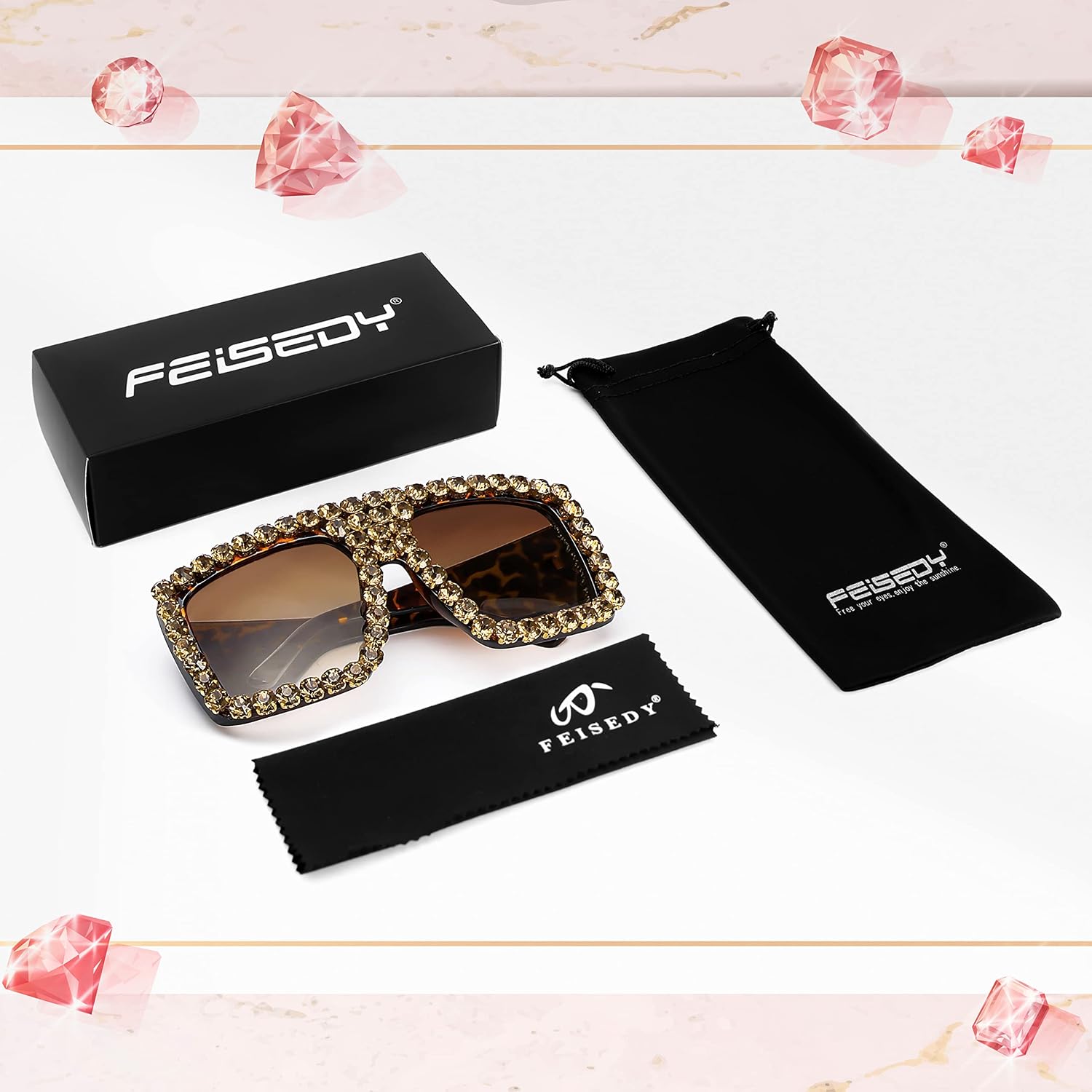 商品图片 7 | B09YHJ846J | FEISEDY Square Diamond Sunglasses for Women Retro Fashion Shiny Rhinestone Sun Glasses B2916