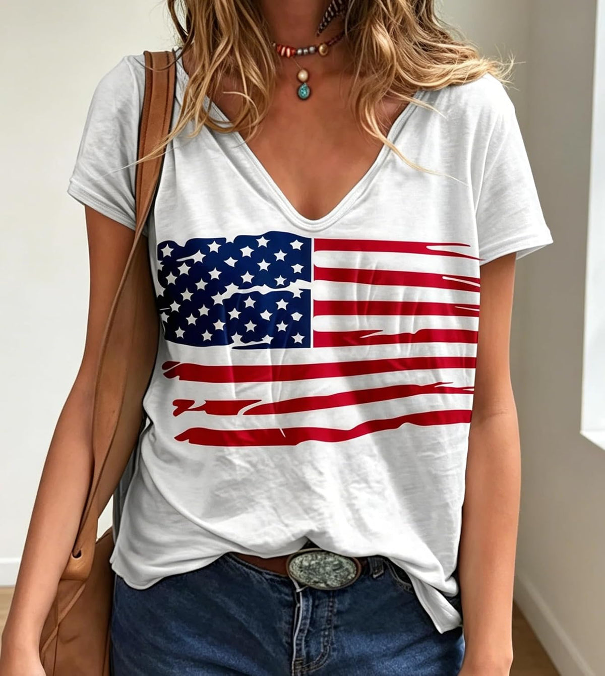 X-Large | B0H4KFGX64 | Women's 4th of July American Flag Print T-Shirt, V Neck Short Sleeve Patriotic Casual Tops for Independence Day, White