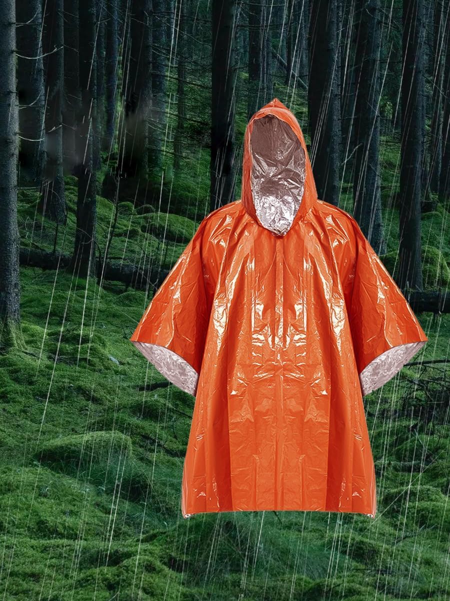 Orange | B0DWMCP38D | Heavy - Duty Emergency Poncho with Mylar Liner Waterproof Reflective & Warm for Outdoor Use