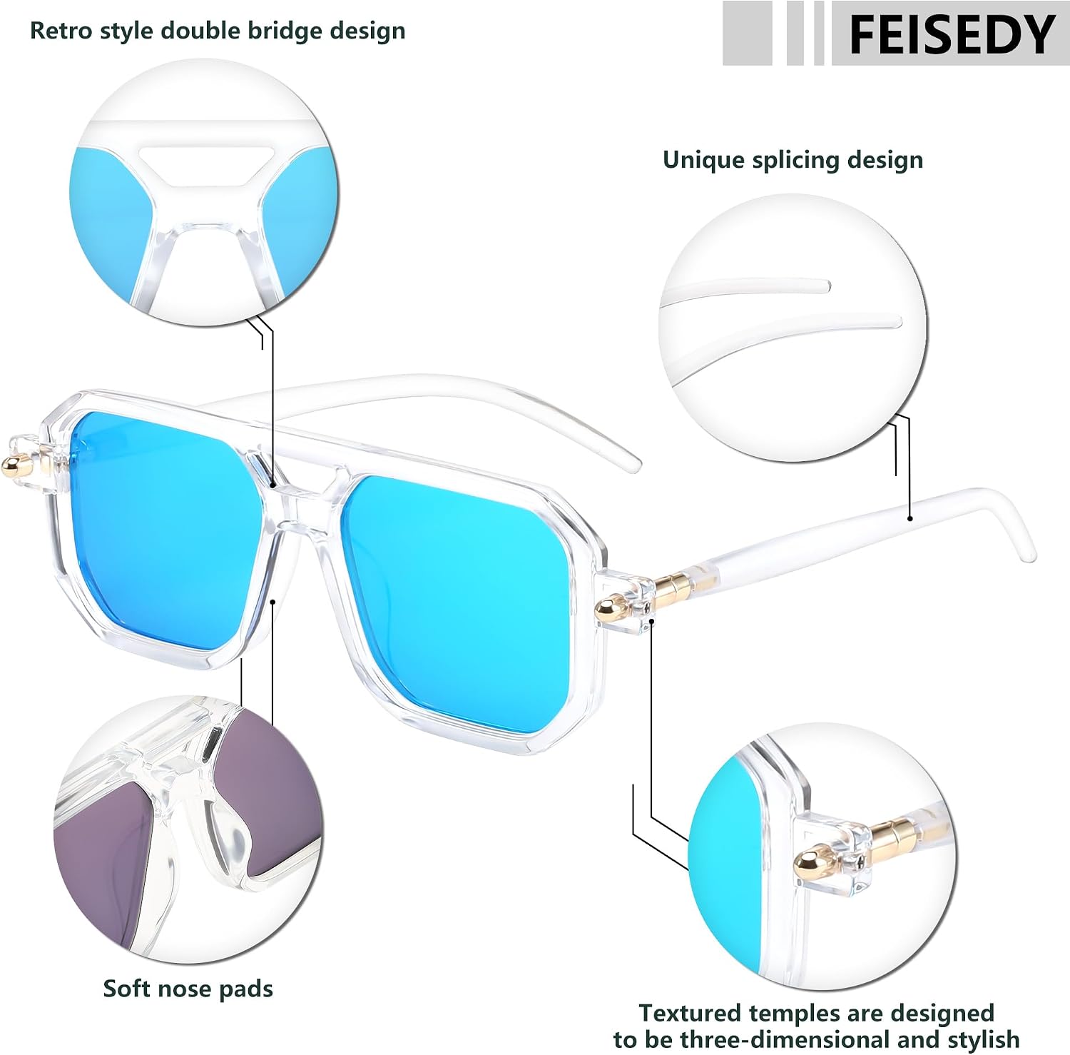 商品图片 205 | B09YTJ4FQZ | FEISEDY Vintage Square 70s Flat Aviator Sunglasses Women Men Classic Retro Stylish Frame UV400 Sunglasses B2622