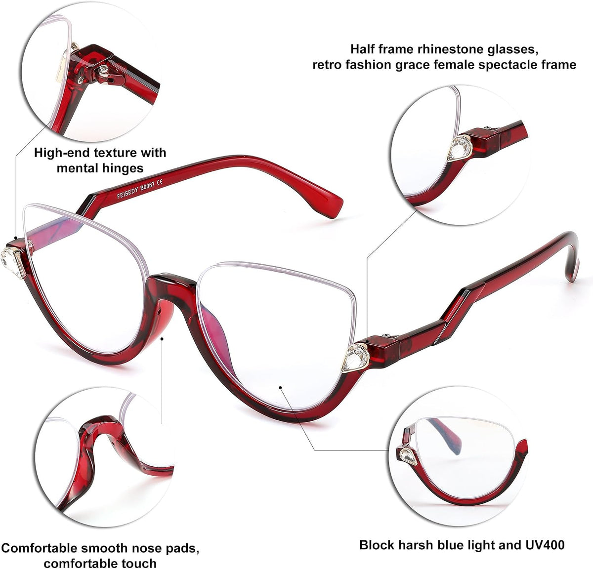 ÉÌƷͼƬ 24 | B0CJFLY9C9 | FEISEDY Reading Glasses for Women Fashion Half Frame Cat Eye Glasses Anti Glare Eyeglasses B0067