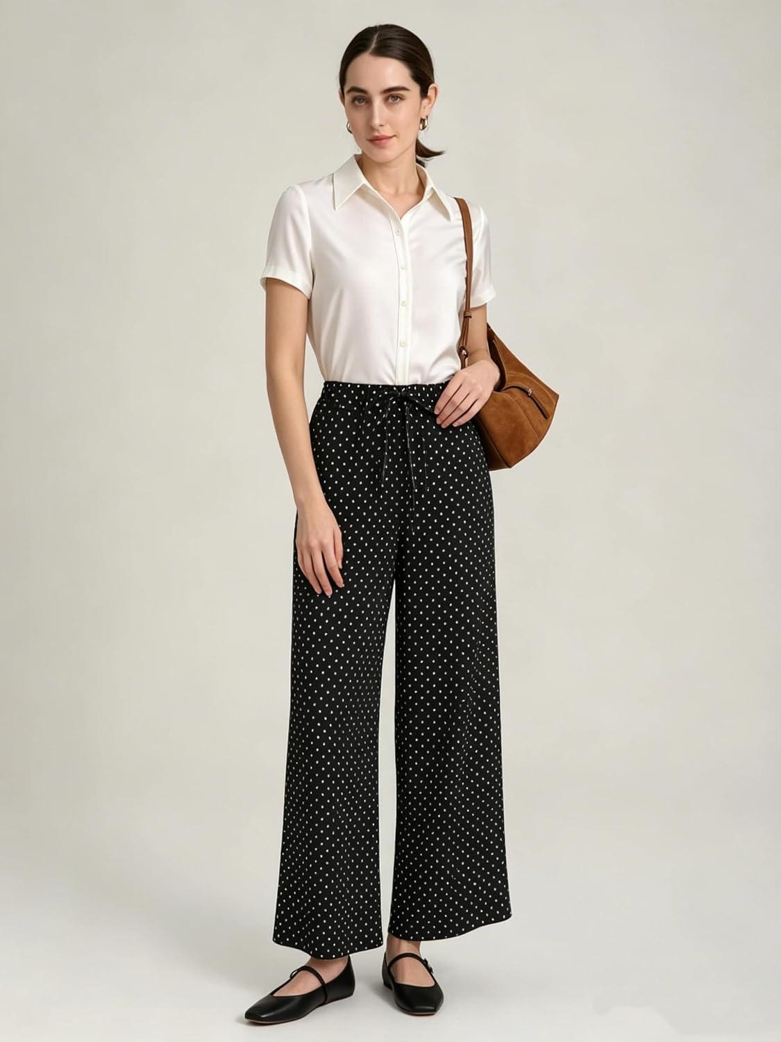 商品图片 6 | B0H2VK5DLH | Women Black Polka Dots Wide Leg Pants, Drawstring Elastic Waist Casual Lounge Sweatpants with Pockets
