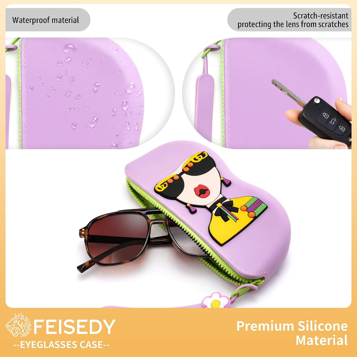 ÉÌƷͼƬ 9 | B0GFYLNWFJ | FEISEDY 2Pack Cartoon Silicone Glasses Pouch with Carrying Strap Cute Protective Eyewear Case for Travel B0386