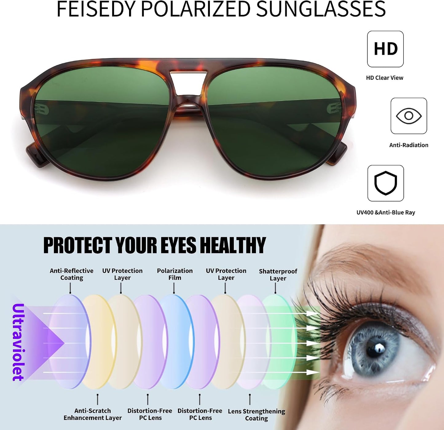 商品图片 4 | B0C56XTXBV | FEISEDY Sunglasses Women Men Polarized, Small 70s Aviator Frame, Retro Vintage Sun Glasses B2373