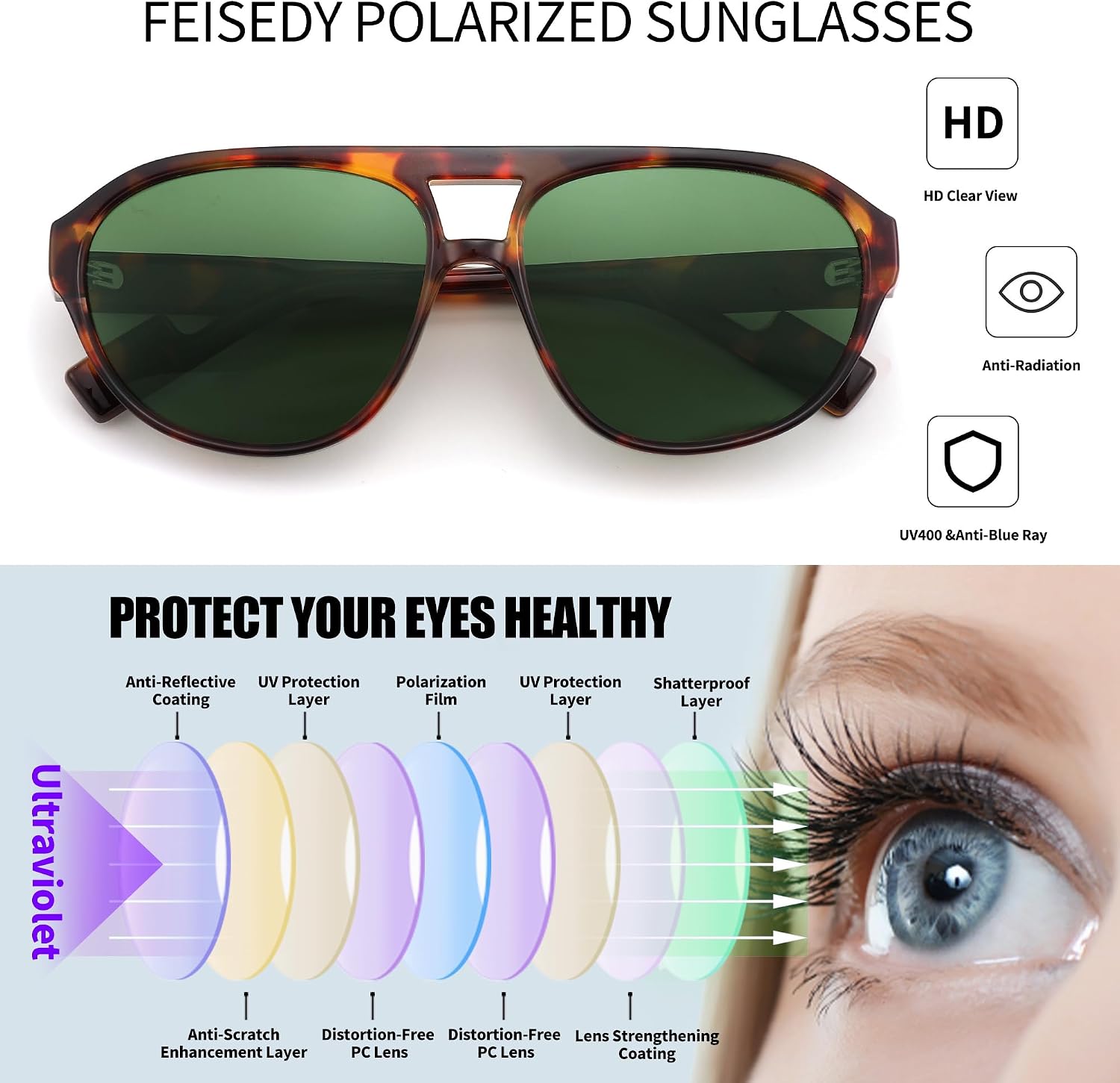 商品图片 4 | B0C56XTXBV | FEISEDY Sunglasses Women Men Polarized, Small 70s Aviator Frame, Retro Vintage Sun Glasses B2373