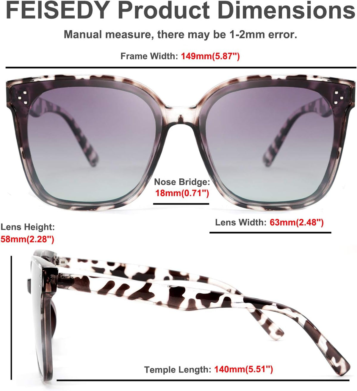 ÉÌƷͼƬ 38 | B0871BKMTN | FEISEDY Oversized Polarized Sunglasses - UV400 Protection, Square Fashion Sun Glasses for Outdoor & Daily B2600