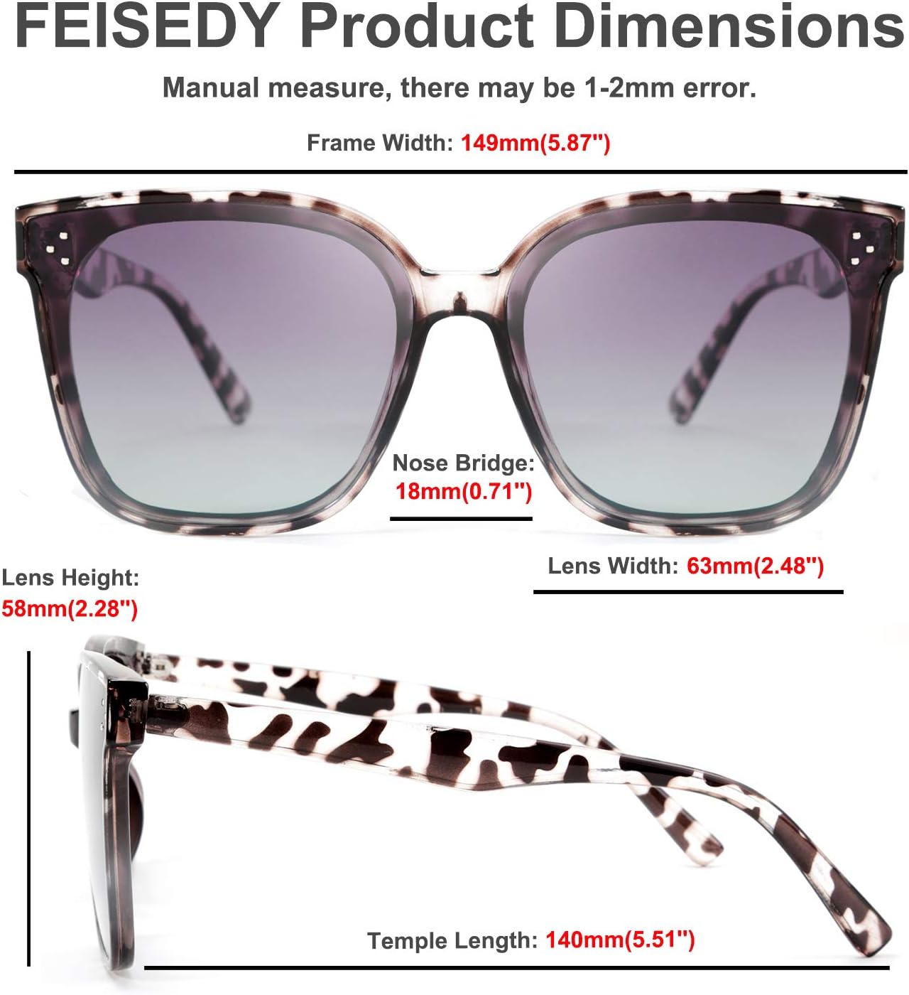商品图片 38 | B0871BKMTN | FEISEDY Oversized Polarized Sunglasses - UV400 Protection, Square Fashion Sun Glasses for Outdoor & Daily B2600
