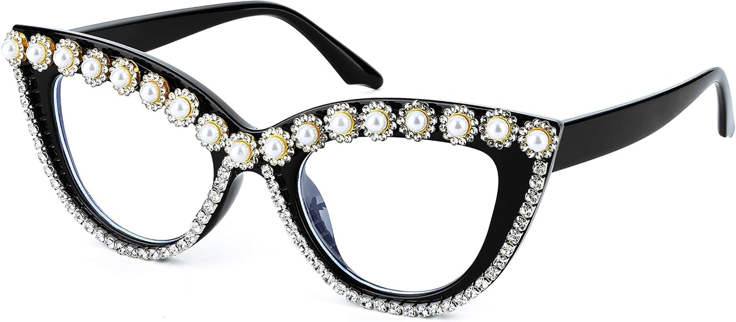 Flower Diamond / 51 Millimeters | B0BLG91BYK | FEISEDY Diamond Blue Light Blocking Glasses Cat Eye Rhinestone Women Oversized Anti Eyestrain Computer Glasses Frame B2358