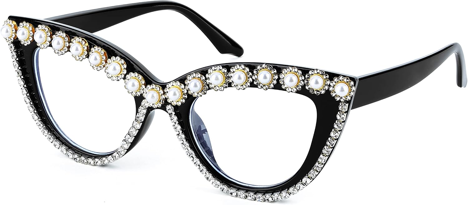 Flower Diamond / 51 Millimeters | B0BLG91BYK | FEISEDY Diamond Blue Light Blocking Glasses Cat Eye Rhinestone Women Oversized Anti Eyestrain Computer Glasses Frame B2358