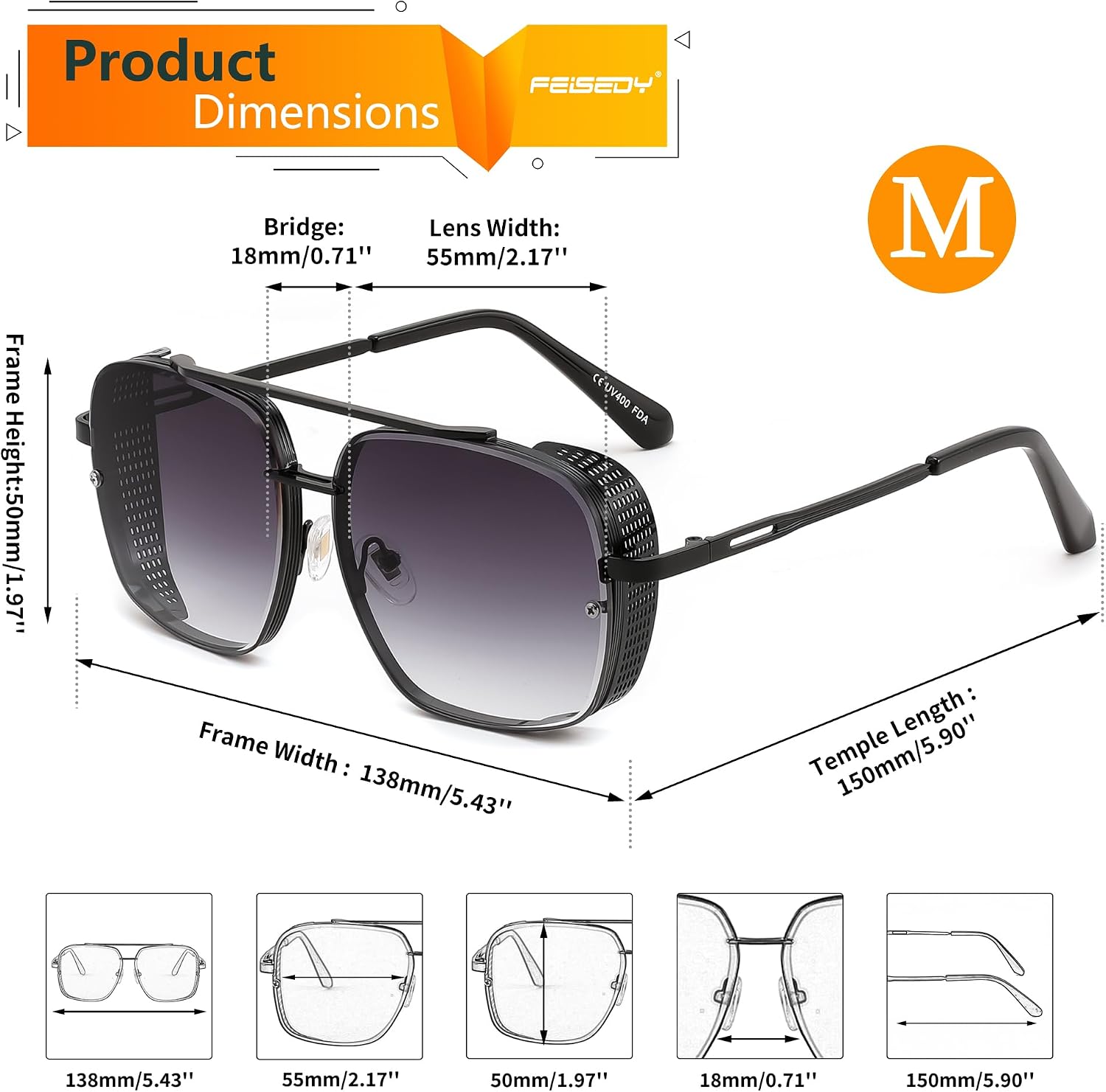 商品图片 65 | B09SDC5BD5 | FEISEDY Sunglasses Mens Women Vintage Pilot Square Trendy Metal Steampunk Fishing Driving Sun Glasses B2894