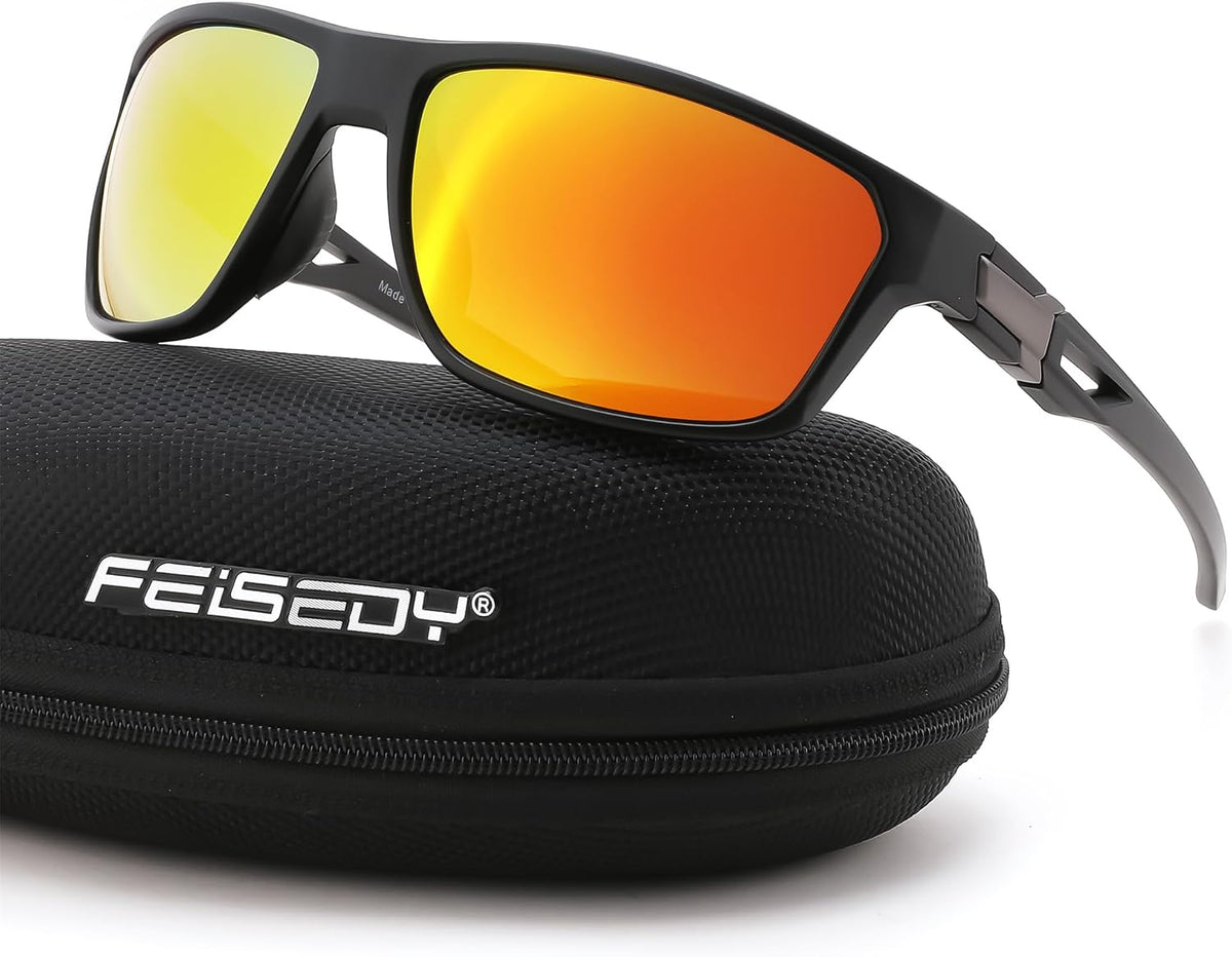 Black + Red Lens / Medium | B0GZTCJ4PZ | FEISEDY Sport Sunglasses Polarized UV400 Protection for Men Women B1389