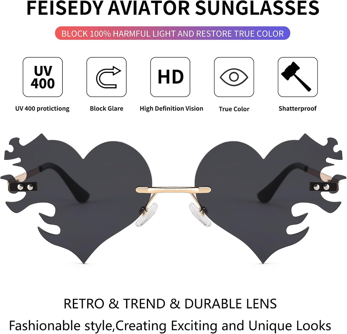 ÉÌƷͼƬ 5 | B0D9428ZX6 | FEISEDY Melting Flame Heart Sunglasses For Women Men Trendy Rimless Fire Shaped Party Glasses B2366