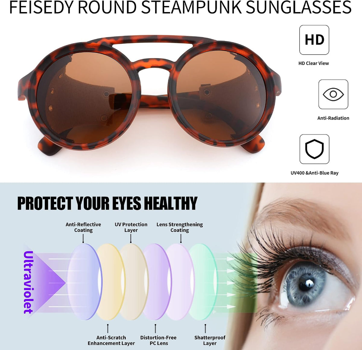 ÉÌƷͼƬ 27 | B09WN3J4YZ | FEISEDY Retro Round Steampunk Sunglasses Women Men Leatherwear B2532