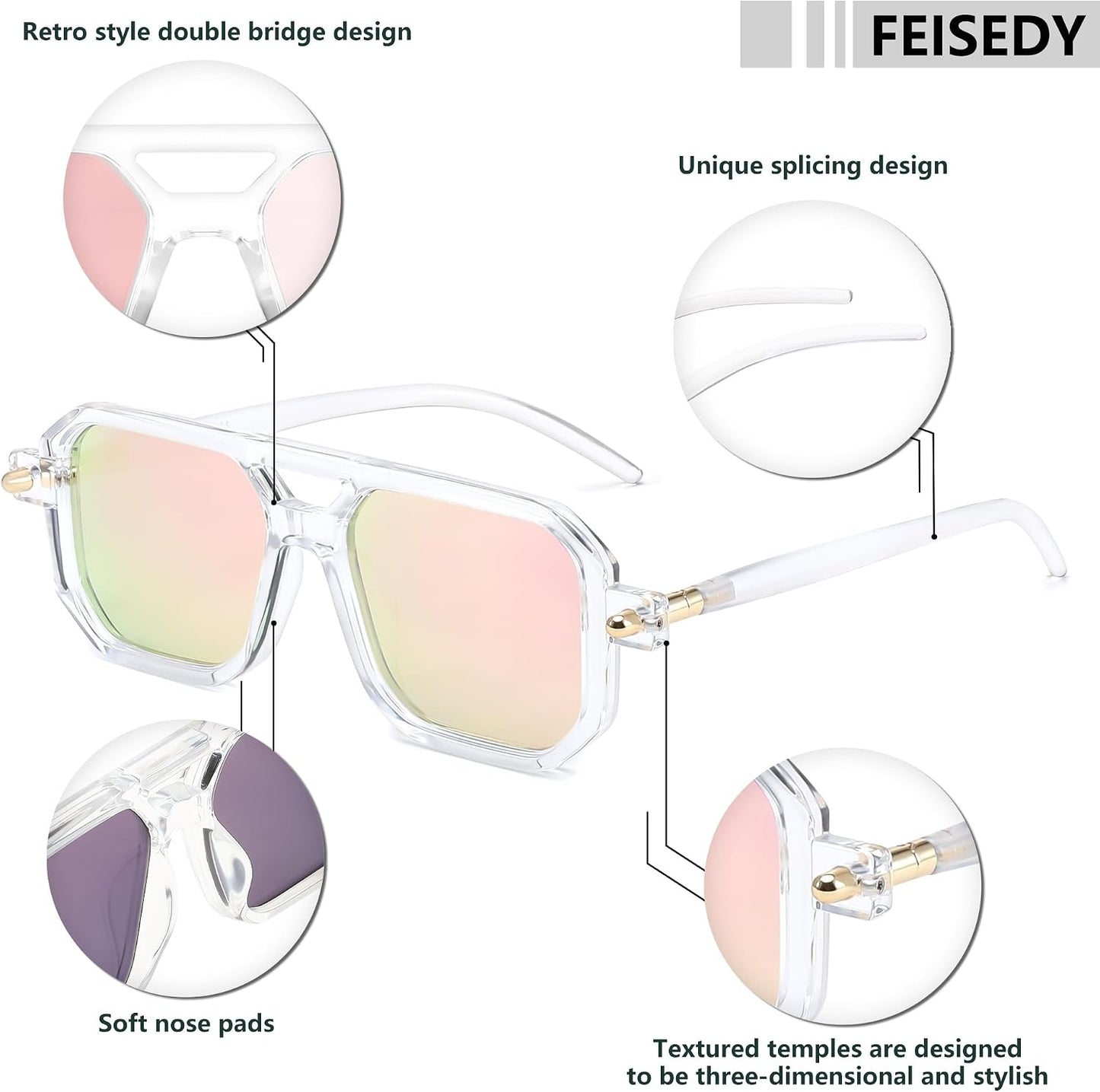 商品图片 16 | B09YTJ4FQZ | FEISEDY Vintage Square 70s Flat Aviator Sunglasses Women Men Classic Retro Stylish Frame UV400 Sunglasses B2622