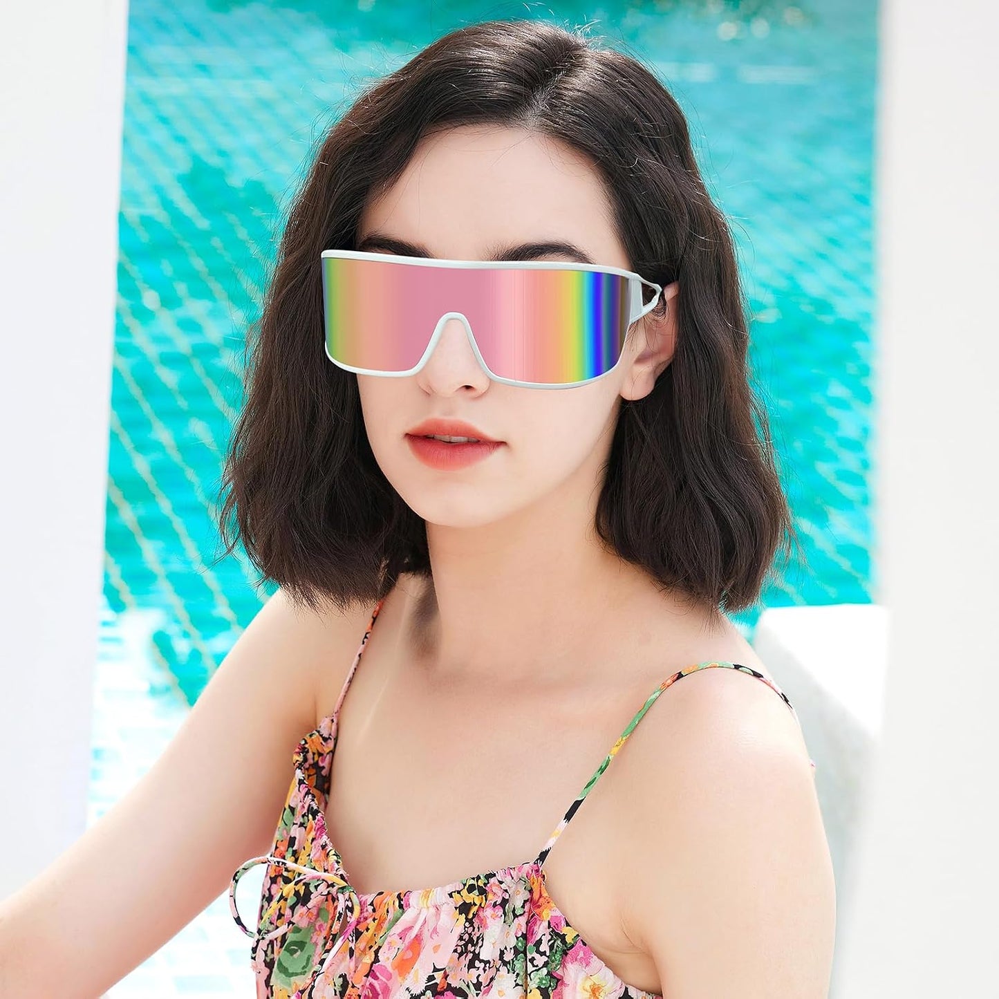 商品图片 36 | B0D3PKKSD9 | FEISEDY Trendy Futuristic Wrap Sunglasses Flat Top Mirrored One Piece Lens Reflective Sun Glasses for Women Men B0161