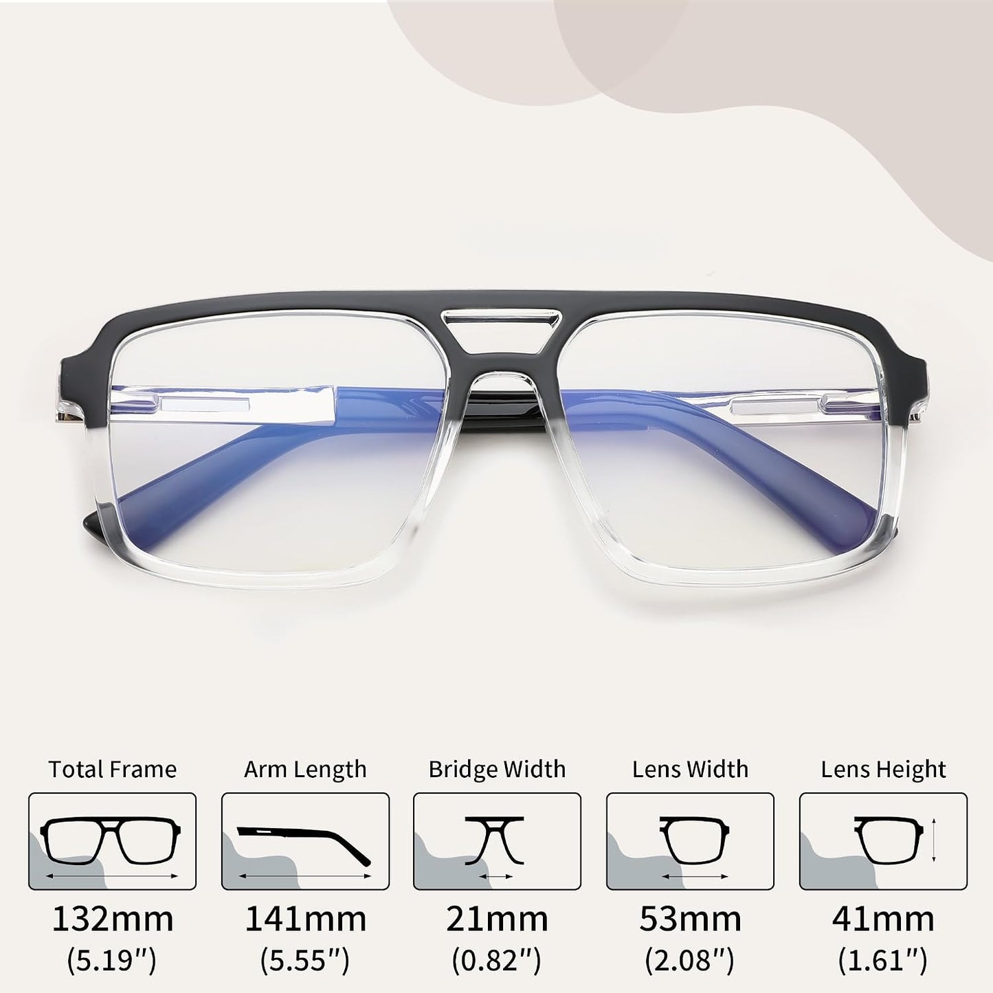 商品图片 38 | B0D9NJ18RZ | FEISEDY Retro Aviator Square Blue Light Glasses for Men Women B0209