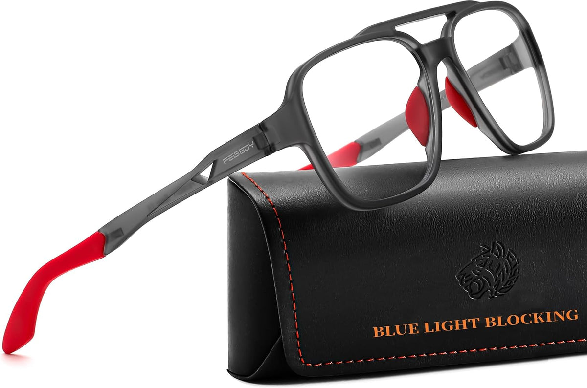 Matte Transparent Grey/Red Leg / Vintage Double Bridge | B0DR81NCW9 | FEISEDY Sports Blue Light Glasses for Men Lightweight Anti Slip Running Cycling Square Glasses Computer Eyeglasses B0156
