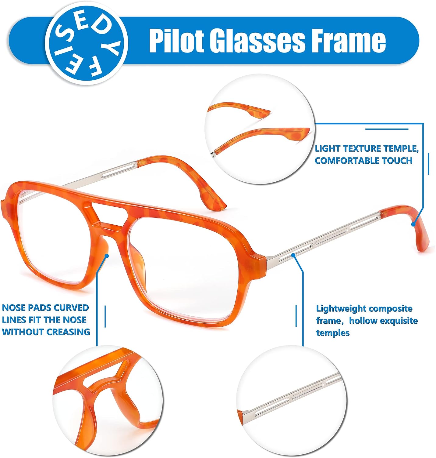 商品图片 17 | B0C65DXFMC | FEISEDY Retro Square Blue Light Blocking Reading Glasses for Women Men 70s Flat Aviator Glasses Anti-Fatigue Reader B2993