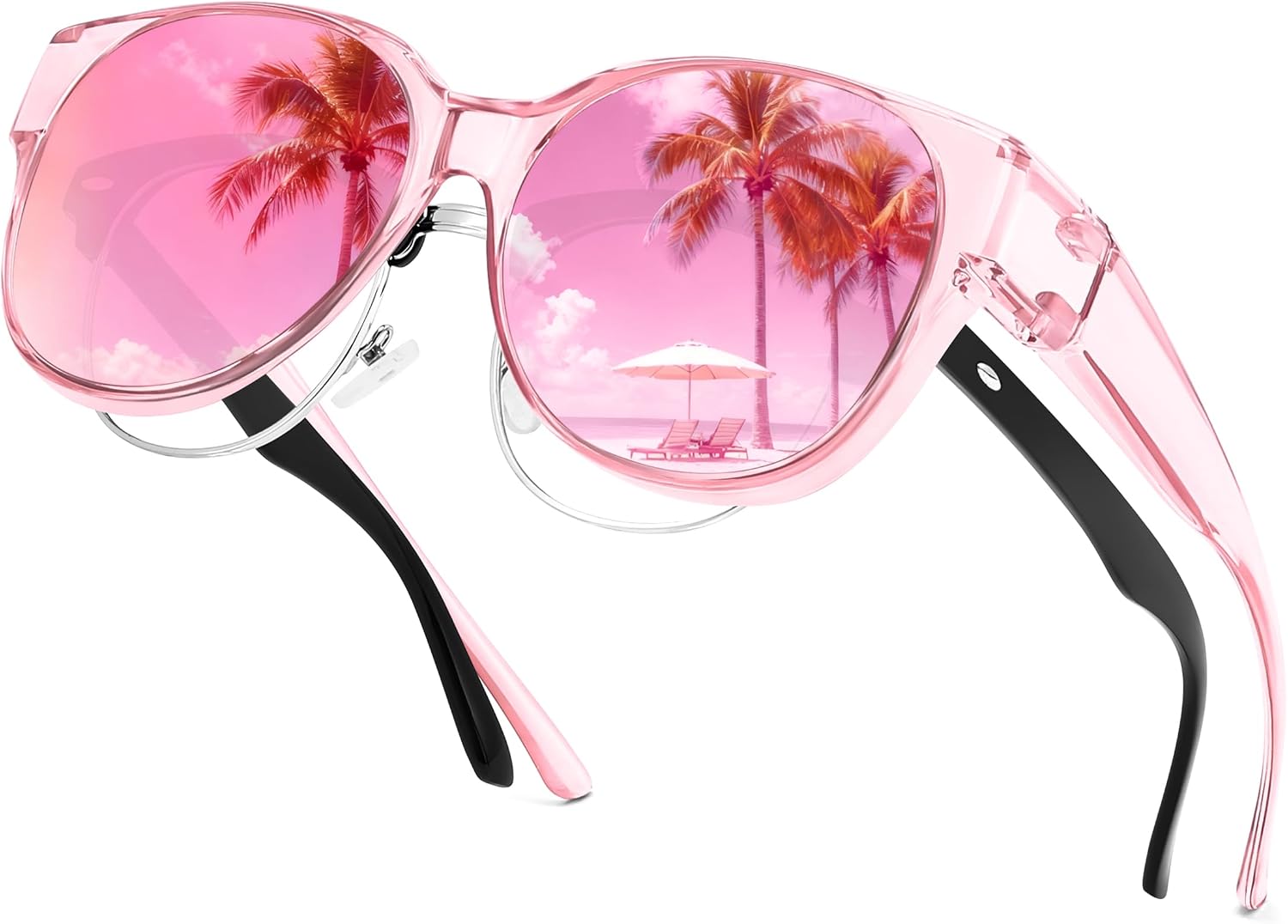 Transparent Pink Frame & Pink Mirror Lens / 55 Millimeters | B0FRRPPHRW | FEISEDY Fit Over Glasses Polarized Sunglasses, UV400 Protection for Driving & Outdoor Activities B0328