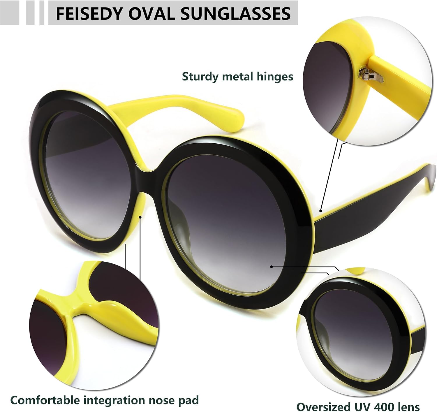 商品图片 11 | B0C7ZVD4MD | FEISEDY Oval Oversized Trendy Sunglasses Women Men Stylish Retro Big Frame Vacation Sun Glasees UV400 Protection B0017