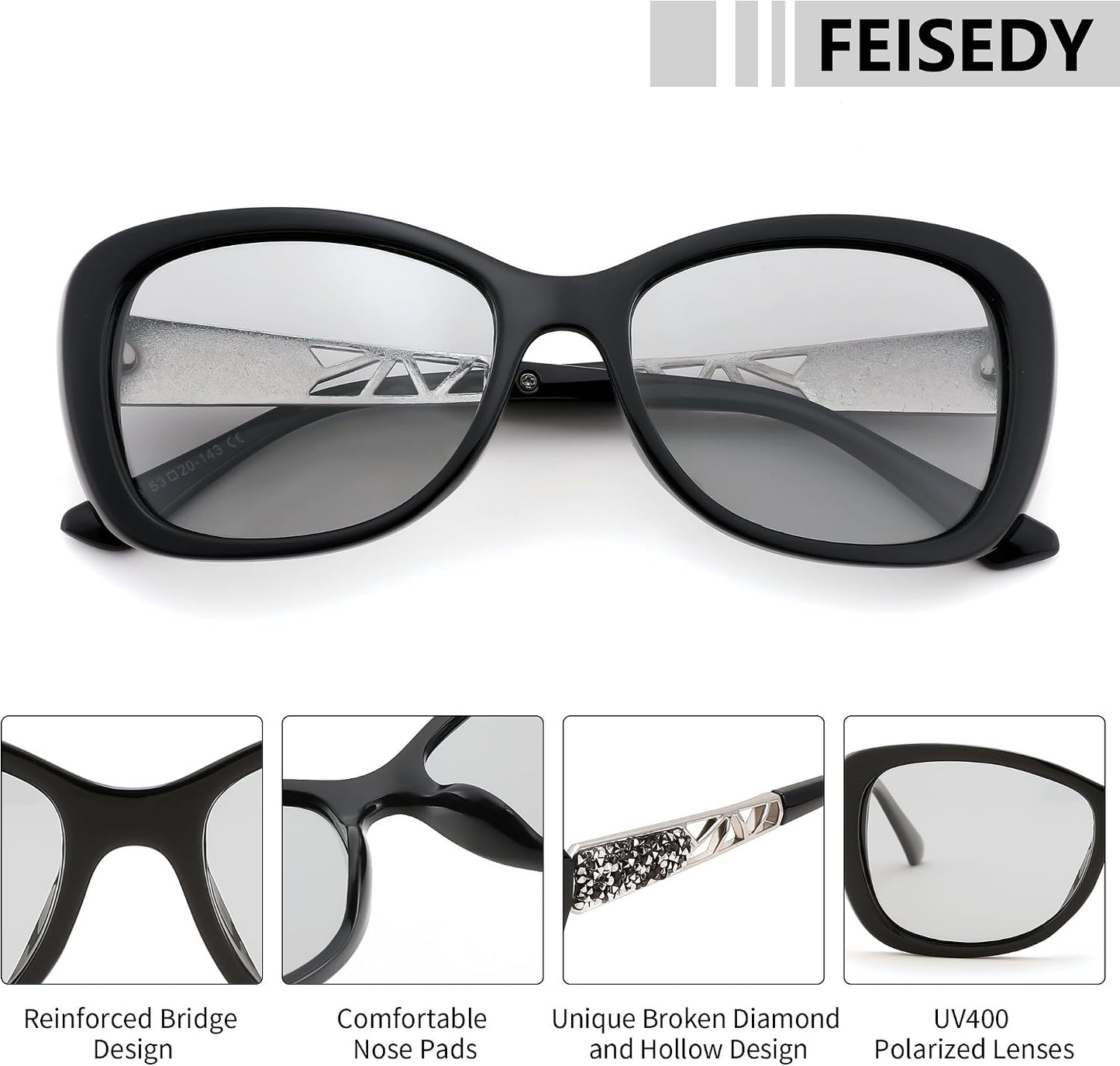 商品图片 52 | B0D2RBKKPD | FEISEDY Polarized Women Sunglasses Retro Shades Photochromic Lens Sparkling Crystal Sunglasses UV400 Protection B0144