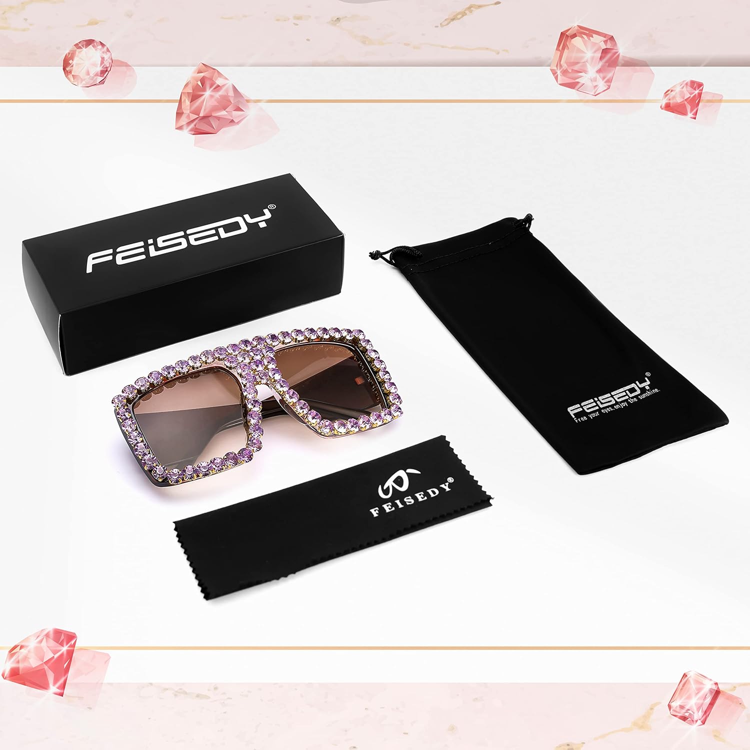 商品图片 14 | B09YHJ846J | FEISEDY Square Diamond Sunglasses for Women Retro Fashion Shiny Rhinestone Sun Glasses B2916
