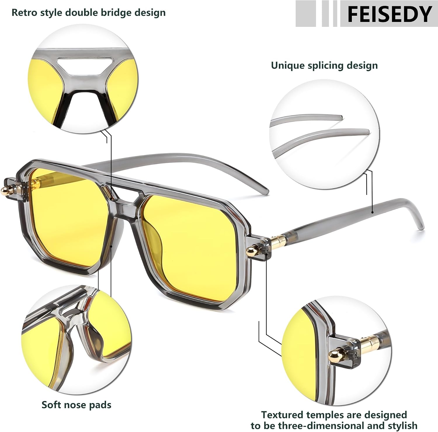 商品图片 112 | B09YTJ4FQZ | FEISEDY Vintage Square 70s Flat Aviator Sunglasses Women Men Classic Retro Stylish Frame UV400 Sunglasses B2622