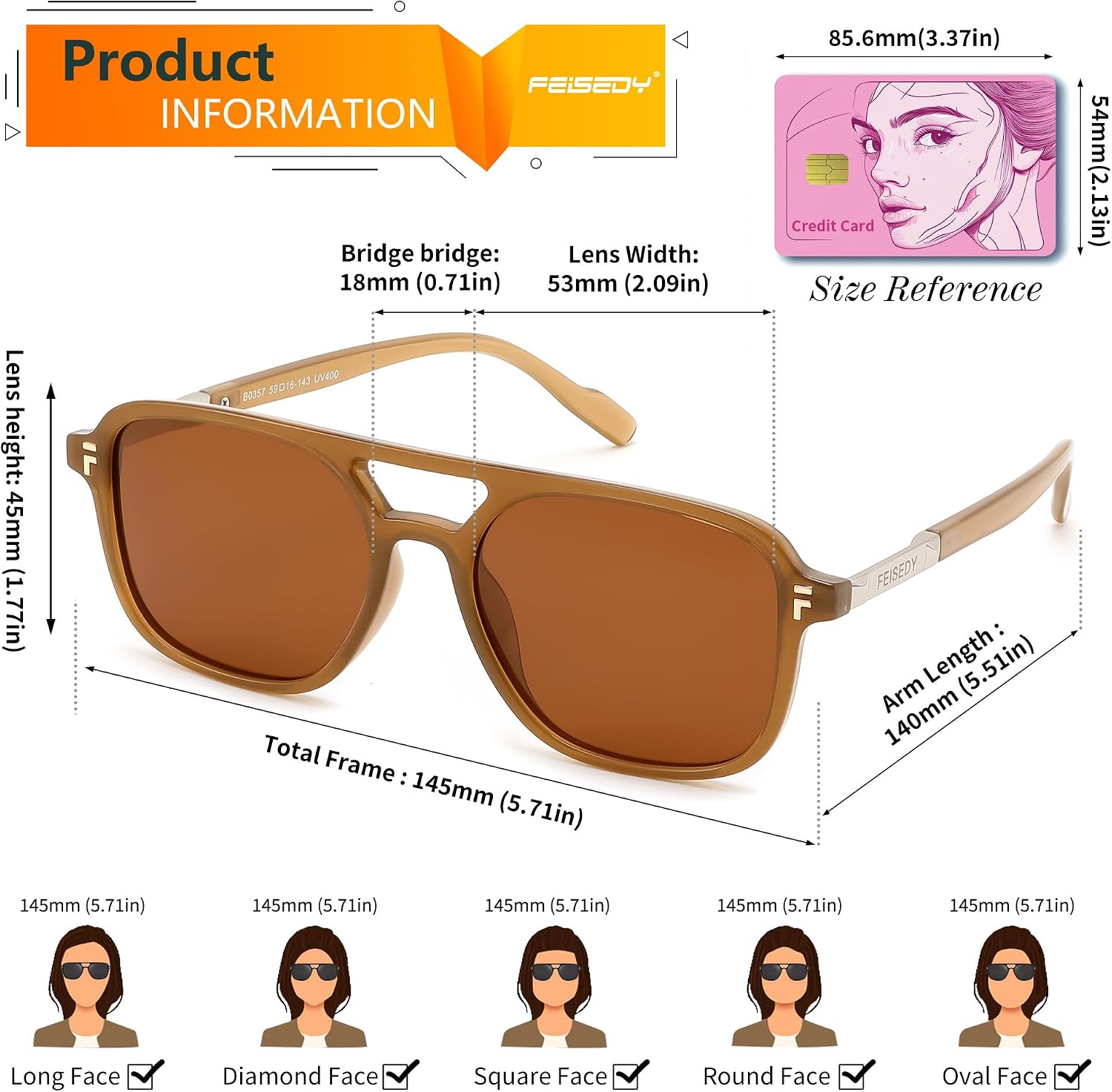 商品图片 34 | B0H2V9BFS5 | FEISEDY Retro Polarized Aviator Square Sunglasses for Women Men UV400 B0357