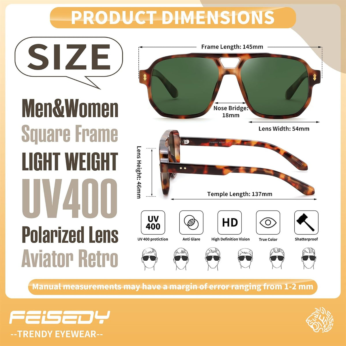 ÉÌƷͼƬ 12 | B0H79Y4V6B | FEISEDY Retro Aviator Square Polarized Sunglasses Women Men Trendy B0444