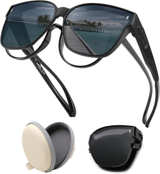 Black Frame & Black Lens / 60 Millimeters | B0D9N67YQ7 | FEISEDY Folding Polarized Fit Over Glasses Sunglasses for Women Men Lightweight Foldable Sunglasses Over Glasses B0218