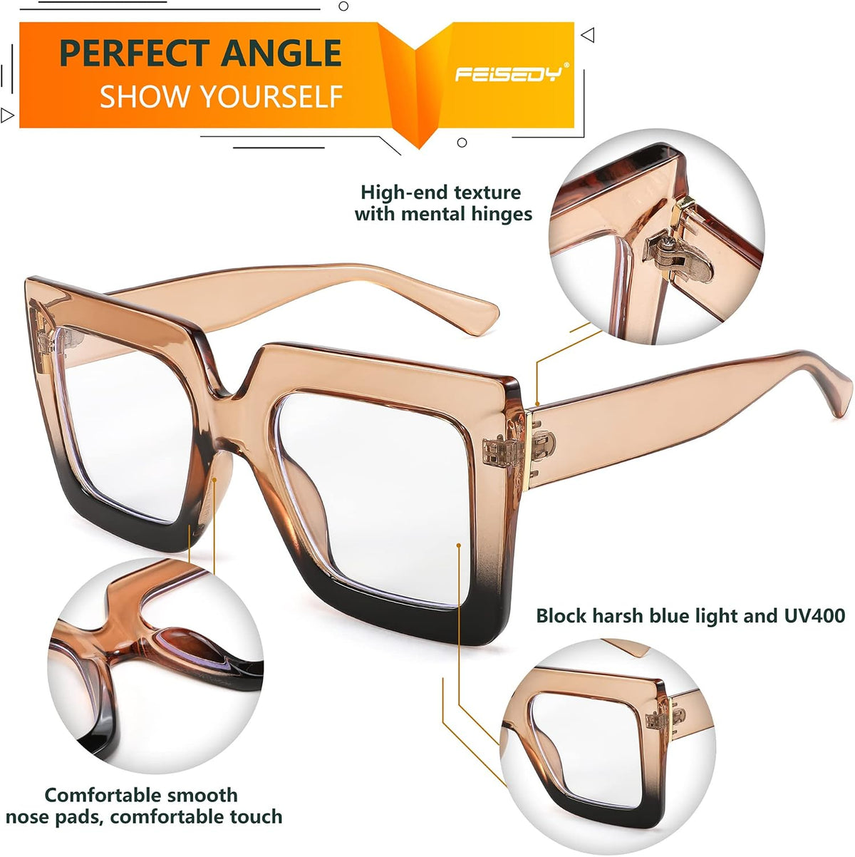 商品图片 3 | B0BZRTPH3F | FEISEDY Fashion Oversized Blue Light Glasses for Women Anti Fatigue Thick Square Computer Eyewear B2381
