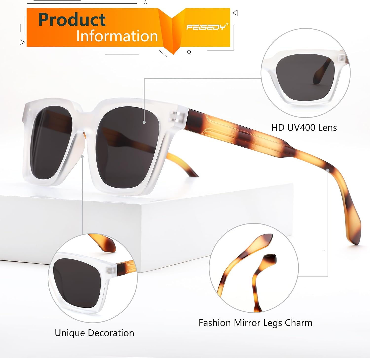 商品图片 32 | B0D7CC769X | FEISEDY Retro Square Sunglasses Women Men Trendy Rectangle Thick Frame Shades Classic Designer Sun Glasses B0198