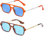 2 Pack - Orange/Blue + Tortoise/Blue / 59 Millimeters | B0F5MWTGT7 | FEISEDY Vintage Square 70s Flat Aviator Sunglasses Women Men Metal Design Shades B2752