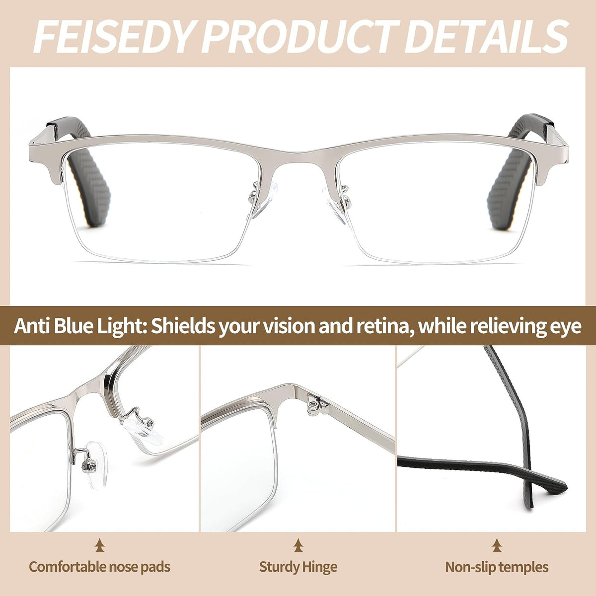 ÉÌƷͼƬ 6 | B0GS97VYPH | FEISEDY Blue Light Blocking Reading Glasses for Women Men, Classic Stylish Square Metal Semi Rimless Frame B0412