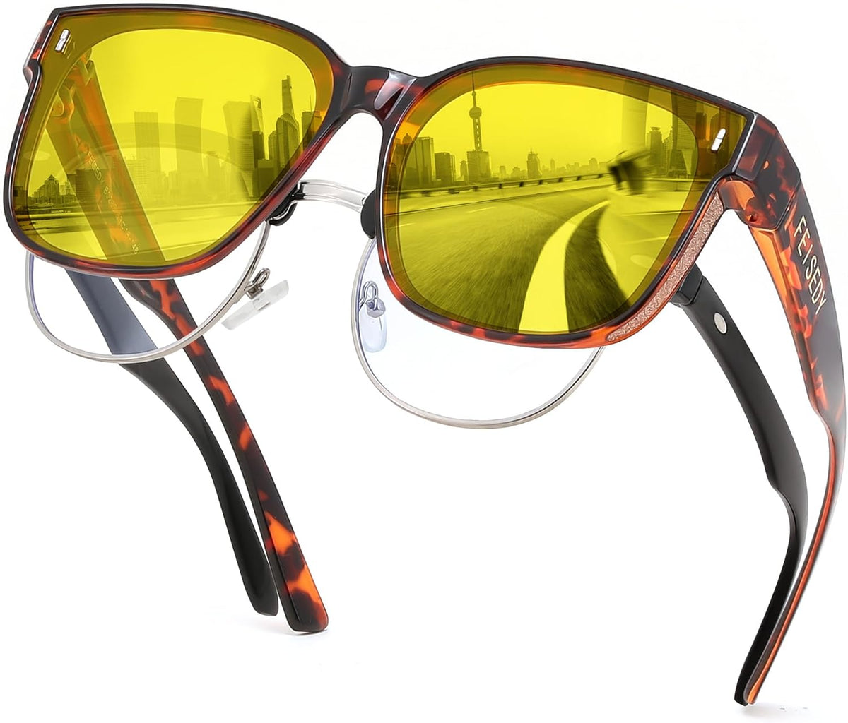 Yellow Lens - Leopard Frame / 64 Millimeters | B0FWKFF93K | FEISEDY Sunglasses That Fit Over Glasses for Women Men UV400 B0269