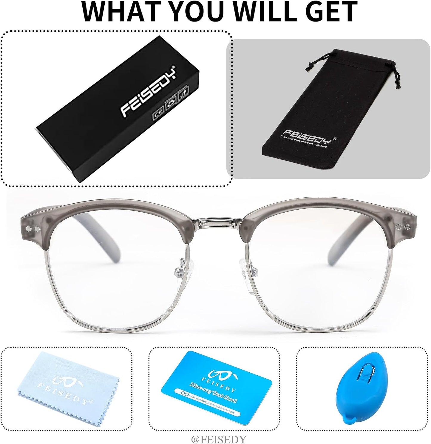 商品图片 7 | B0C73XCW57 | FEISEDY Reading Glasses Classic Half Frame Retro Semi-Rimless Clear Lens Blue Light Blocking Glasses B0005