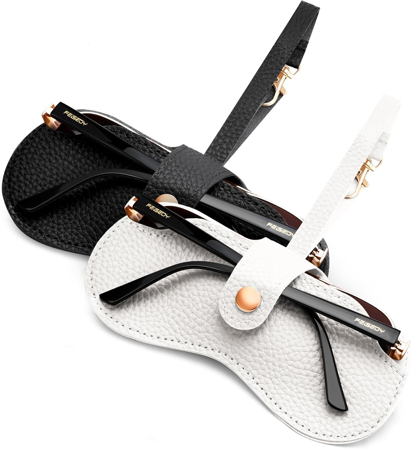 Black+White | B0FMXVXWPS | FEISEDY Sunglass Case, 2Pcs Soft Leather Eyeglass Cases for Women | Slim Portable Glasses Holder, with Button-Closure Wrist Strap for Travel & Outdoor B0308