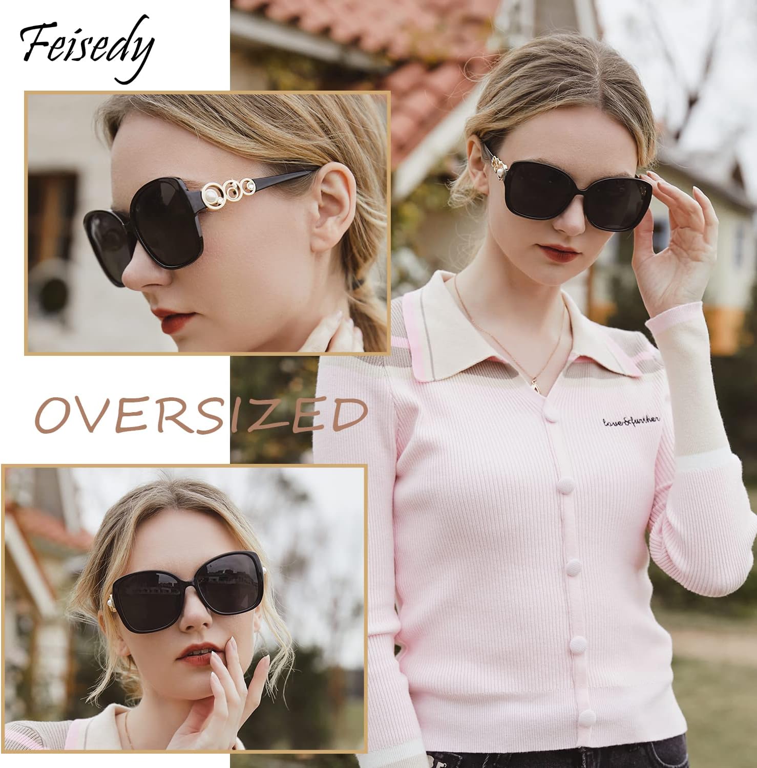 商品图片 2 | B0BJ71VZCB | FEISEDY Women's Fashion Sunglasses, Oversized Square Frame with Pearl Sparkling, Polarized UV Protection B2821