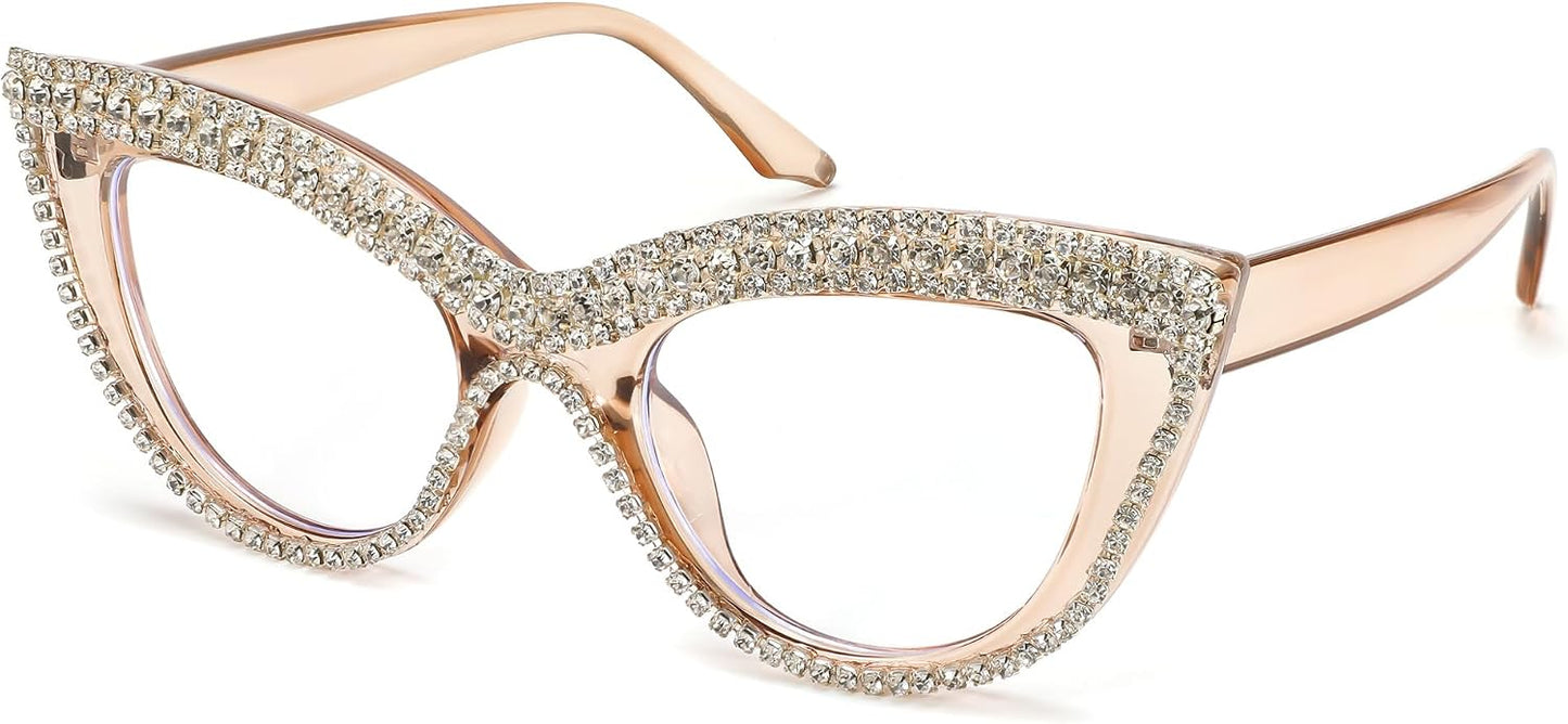 Tea Diamond / 51 Millimeters | B0CPBK3GBL | FEISEDY Diamond Blue Light Blocking Glasses Cat Eye Rhinestone Women Oversized Anti Eyestrain Computer Glasses Frame B2358