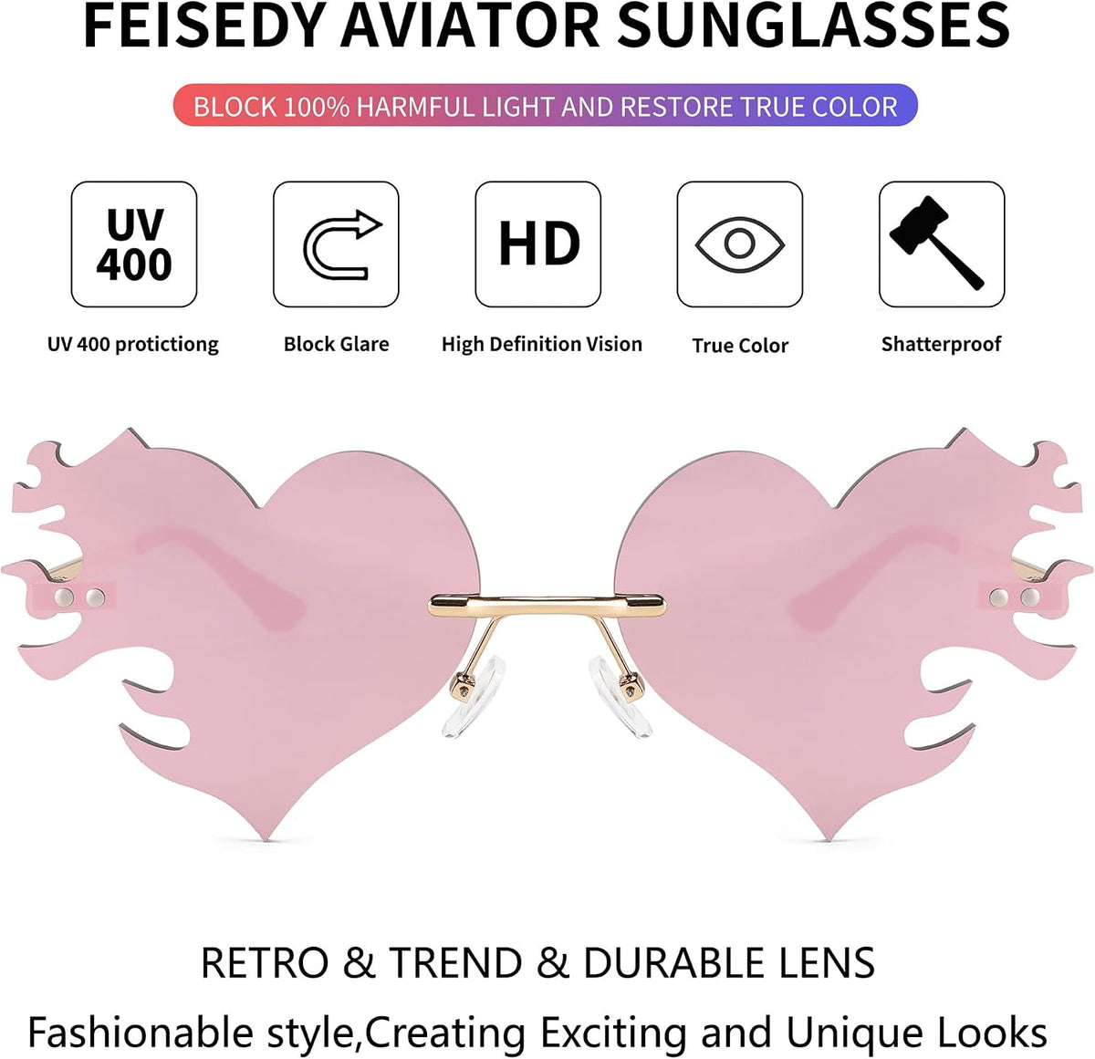 ÉÌƷͼƬ 13 | B0D9428ZX6 | FEISEDY Melting Flame Heart Sunglasses For Women Men Trendy Rimless Fire Shaped Party Glasses B2366