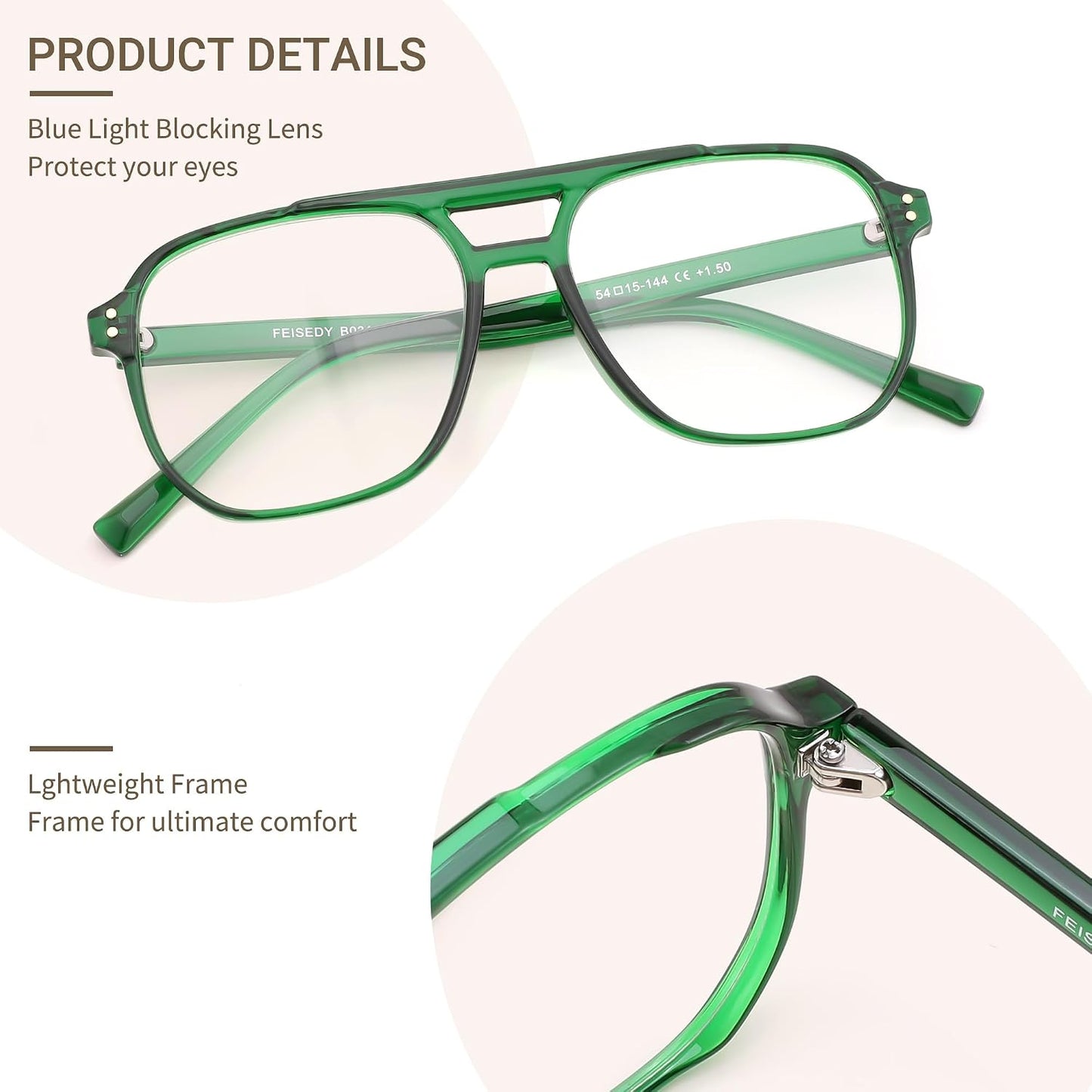 商品图片 13 | B0FWXP3HKW | FEISEDY Fashion Aviator Blue Light Reading Glasses for Woman Men B0318 | Square Pilot Computer Glasses, Anti Eyestrain Glare Readers