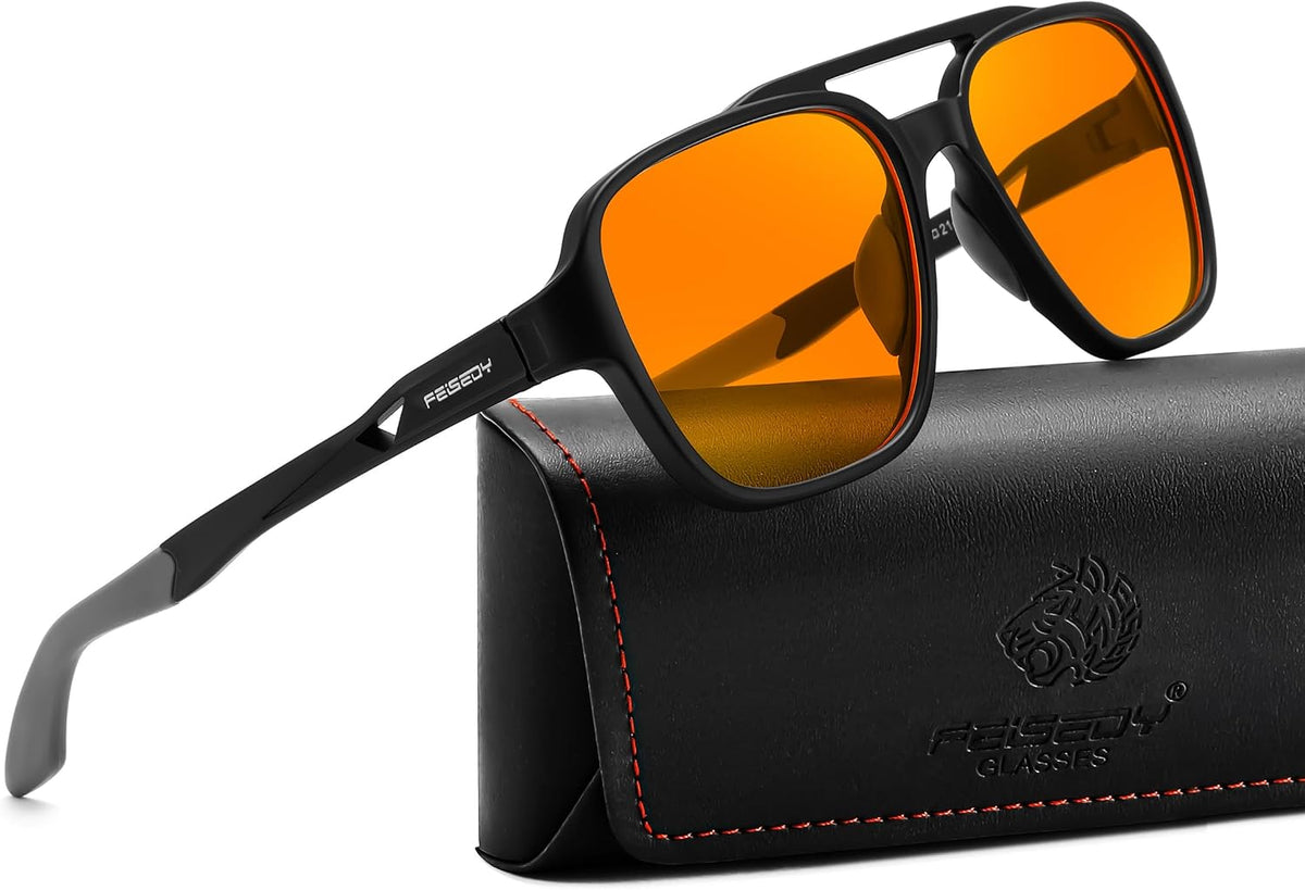 Double Bridge-black / Amber | B0DR825YKD | FEISEDY Orange Blue Light Blocking Glasses for Woman Men Amber Lenses Computer Gaming Glasses for Better Sleep