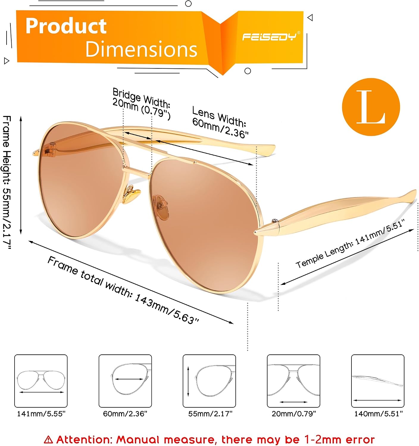 商品图片 21 | B0FKML2SSC | FEISEDY Oversized Aviator Sunglasses Women Men - Retro Gold Metal Chunky Frame, UV400 for Driving & Daily Wear B0311