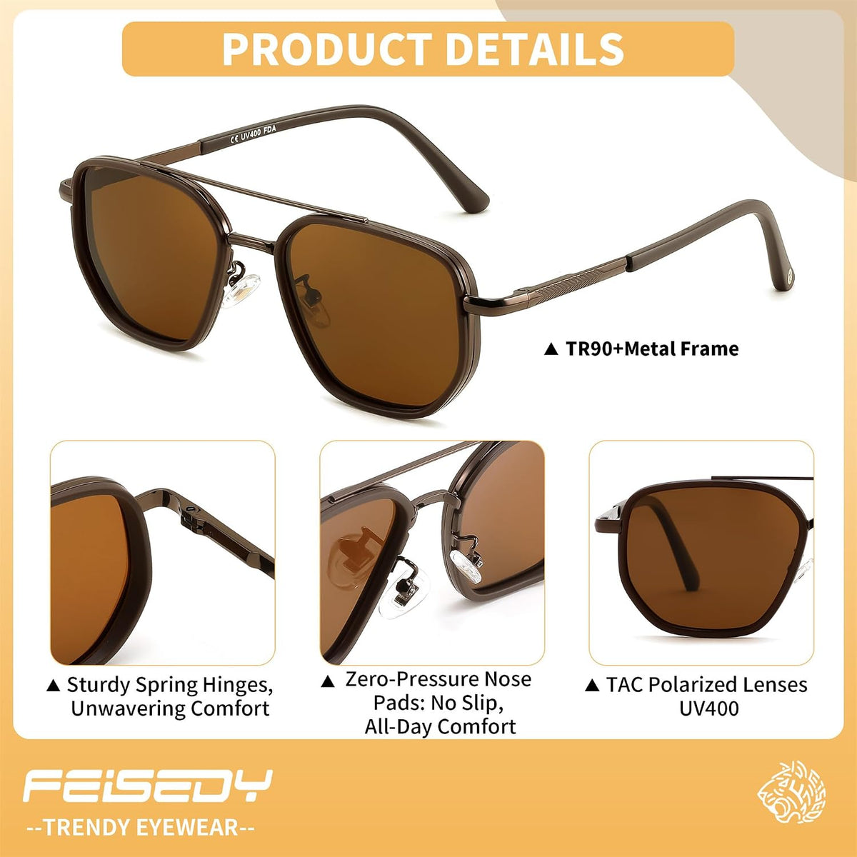 商品图片 27 | B0FQ4Y7FV6 | FEISEDY Polarized Aviator Sunglasses for Women Men Square TAC Lens B0329 | UV400 protection, Lightweight, Military-grade durability, Spring temples, Climate Pledge Friendly, Driving, Beach
