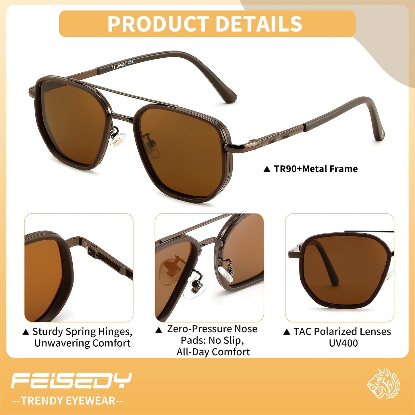 商品图片 27 | B0FQ4Y7FV6 | FEISEDY Polarized Aviator Sunglasses for Women Men Square TAC Lens B0329 | UV400 protection, Lightweight, Military-grade durability, Spring temples, Climate Pledge Friendly, Driving, Beach